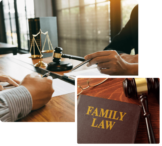 Gavel, scales, and family law book on table.