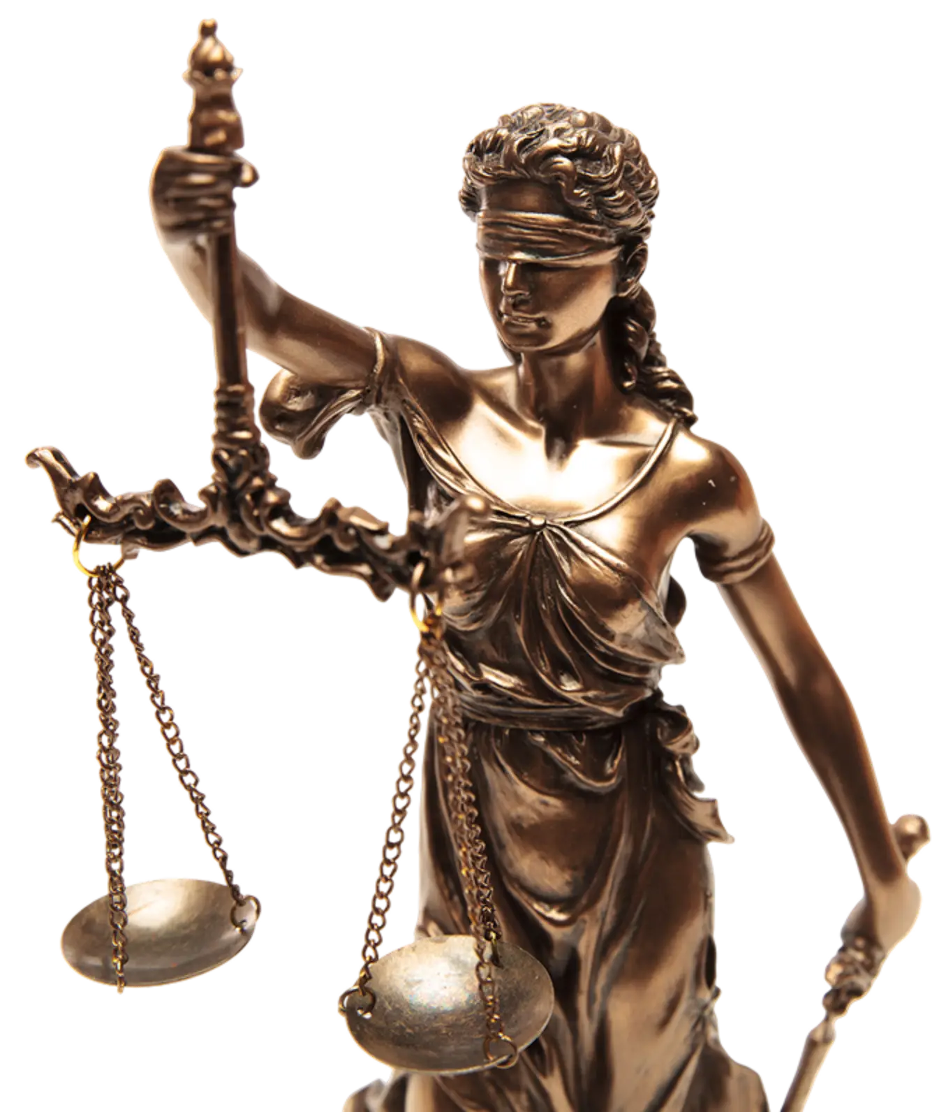 Blindfolded Lady Justice holding scales statue.