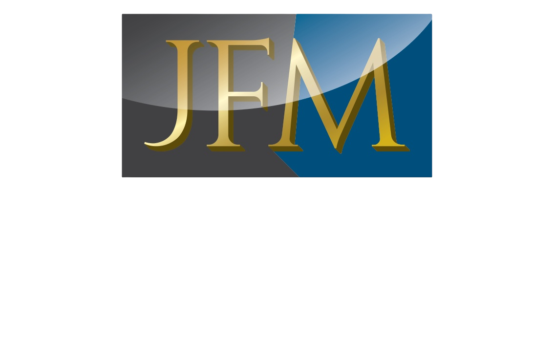 Logo with gold letters JFM on a dark gradient background.