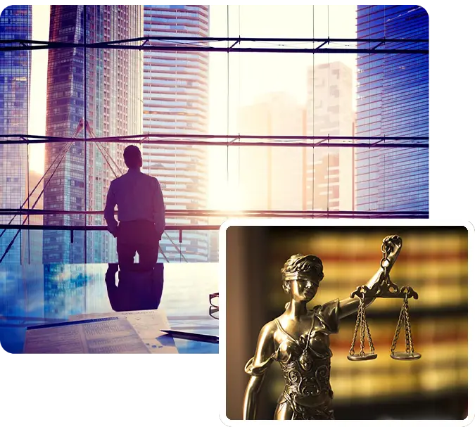Silhouette of a businessman overlooking a cityscape with Lady Justice statue inset.