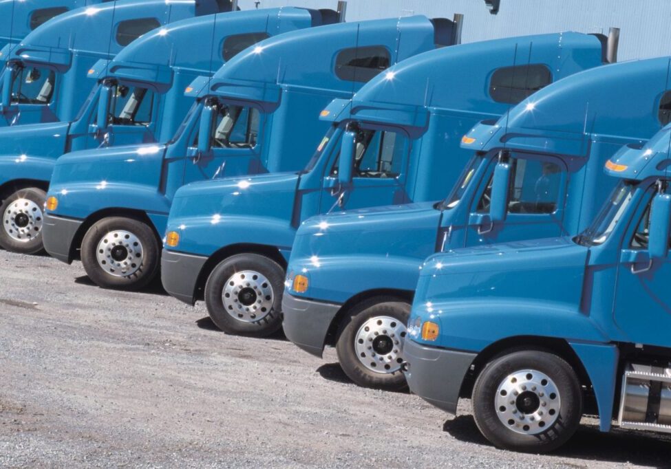 A row of blue semi-trucks parked closely together.